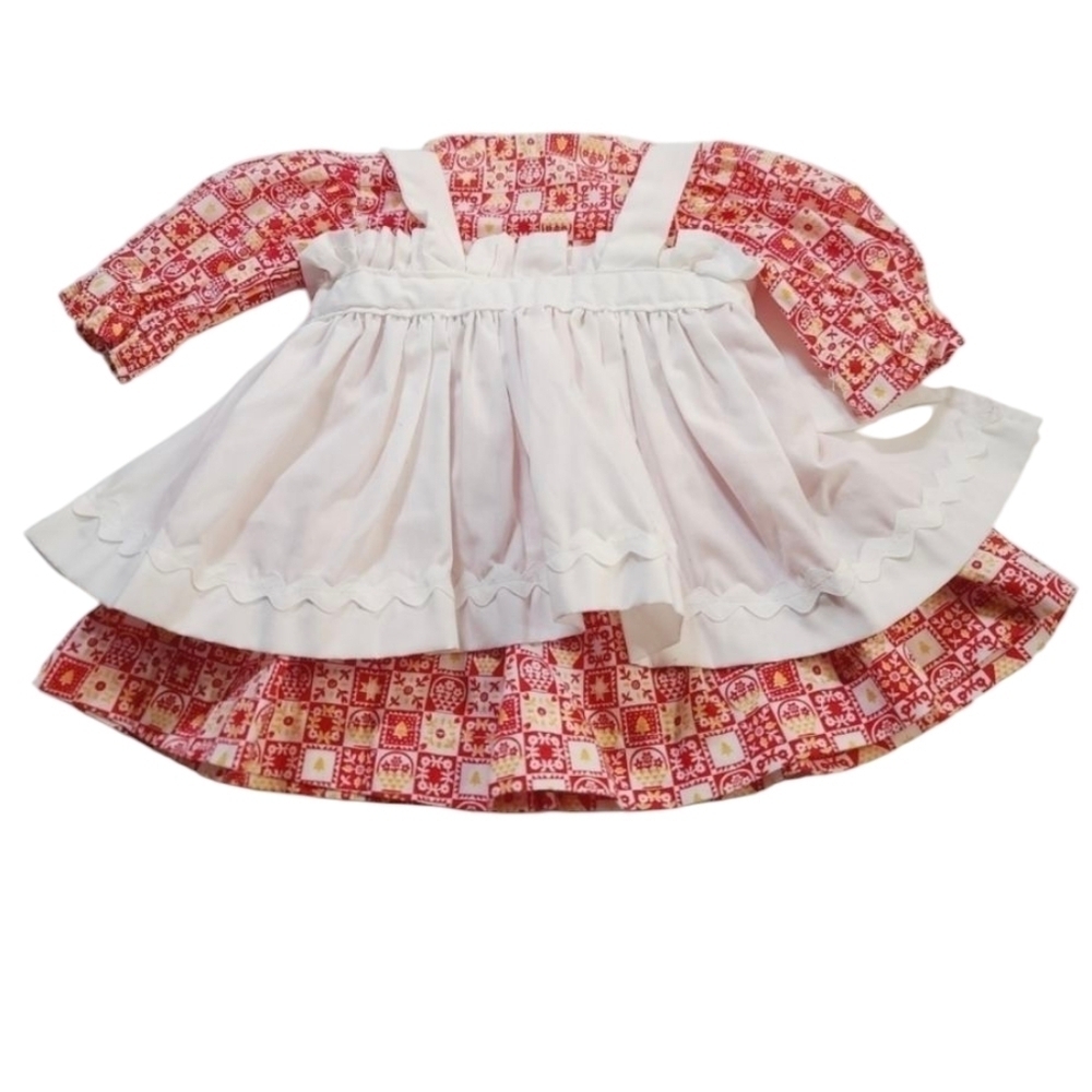 Vintage Handmade Red Folk Art Girls Apron Prairie Dress